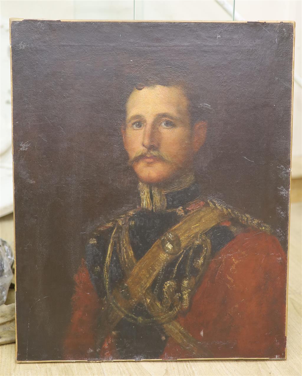 Victorian School, oil on canvas, Portrait of Colonel Guy Wyndham (1865-1941) in uniform, 66 x 53cm, unframed (brought up at Clouds, Pet